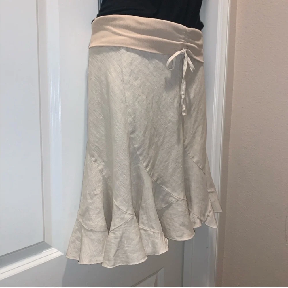 Y2K Bebe Linen Fold Over Fit & Flare Trumpet Ruffle Skirt Beige Cream S Vintage - Picture 4 of 8